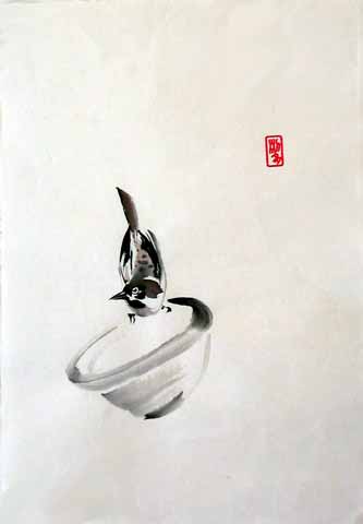 Sperling und Trinkschale